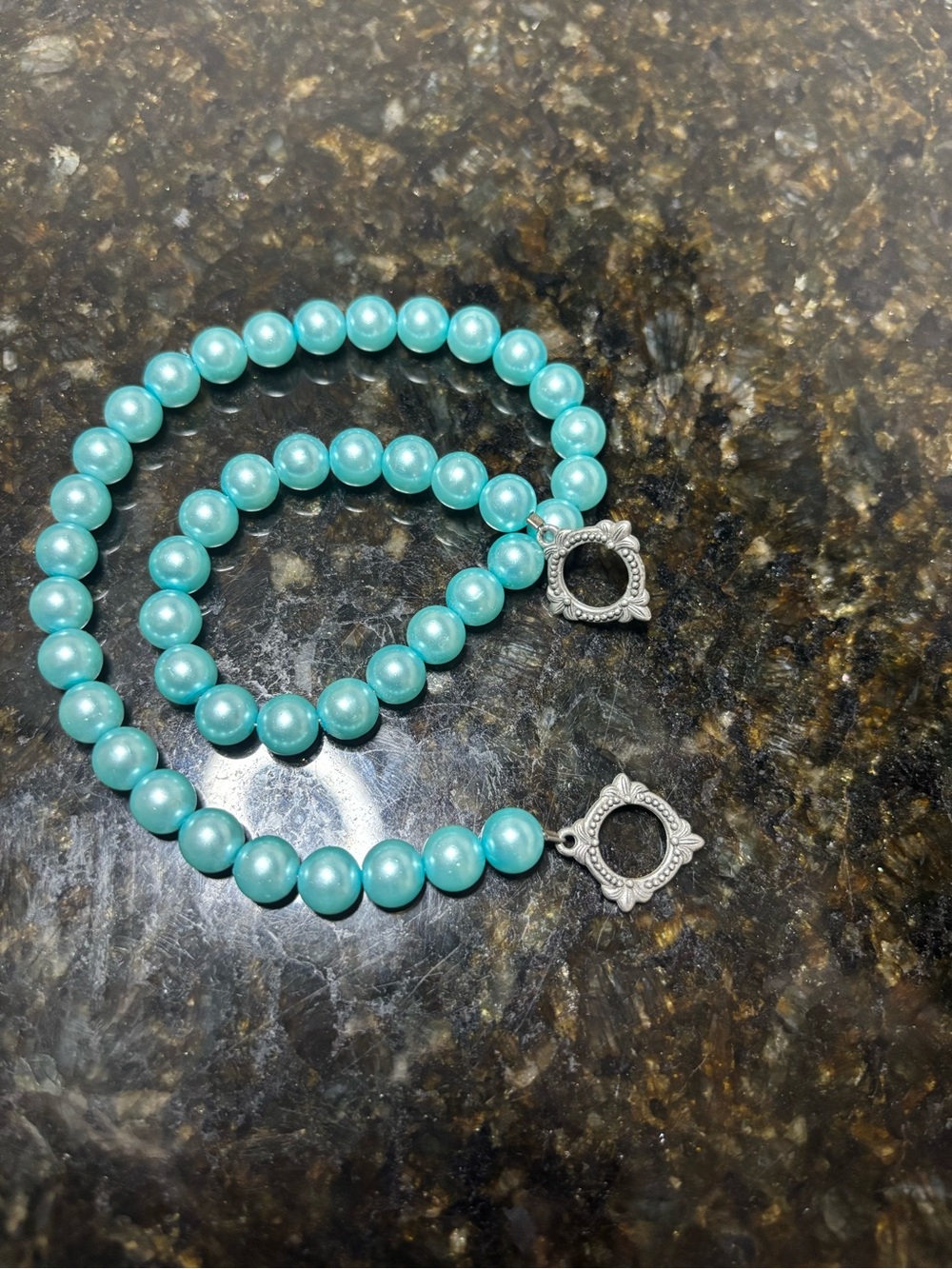 Vintage Blue Faux Pearl Choker Necklace with Silver Toggle/Ribbon Clasp-15.5”
